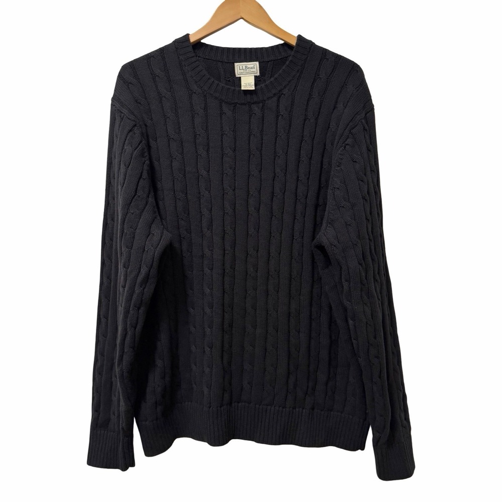 LL Bean Classic Cable Knit Fisherman Crew Neck Sweater Mens Size XL Black Chunky